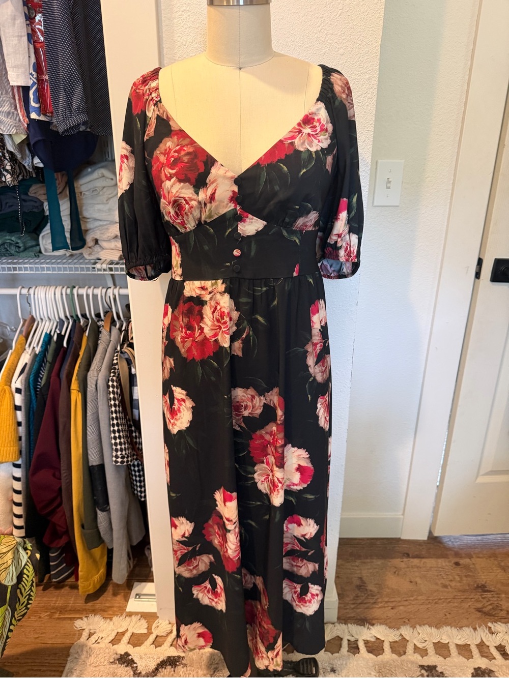 Express Black Midi Dress with Pink and Cream Floral Print
